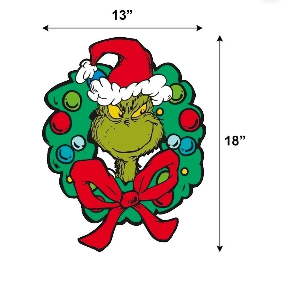 Dr. Seuss The Grinch in Wreath with Stocking Window Cling Vinyl Holiday Decor